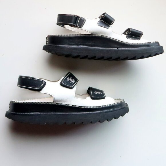 Chanel Leather Velcro CC Logo Platform Dad Sandals 90's Y2K Minimalist Designer - Picture 3 of 16